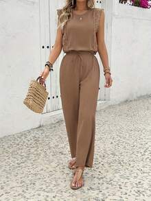 Ruffled Sleeve Co - Ord Set Textured Top Drawstring Wide - Leg Pants Boho Chic Outfit - 焦糖 - 查看 10