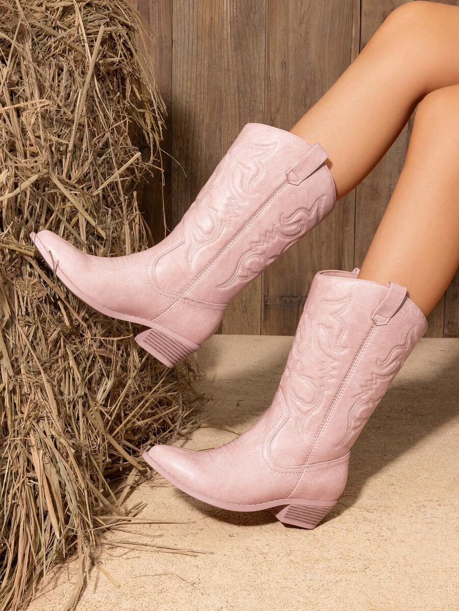 Women'S Cowboy Western Boots Point Toe Pull On Cowgirl Boots  Embroidered Detail Chunky Heeled Back To School Music Festival  Matching Dress Mid Calf Pink Boots - 淺粉色 - 查看 1