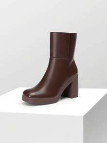 Women's Platform Gogo Ankle Boots Chunky High Heels Square Toe Comfort Party Dress Side Zipper Booties Shoes For Women - 棕色 - 查看 10