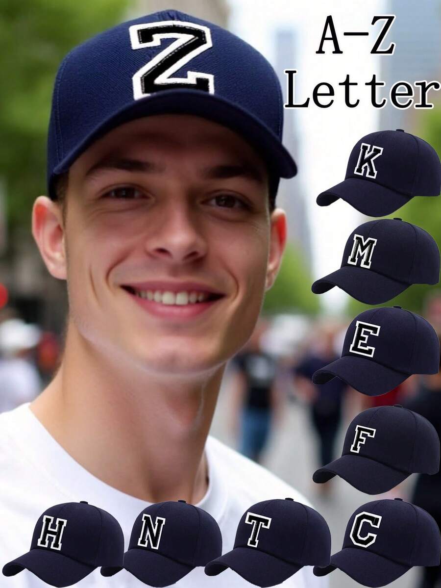 1 件黑白字母 A-Z 男士深蓝色硬顶时尚棒球帽新款设计休闲街头百搭防晒遮阳帽透气吸汗户外运动帽