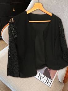 Veste courte élégante à manches 3/4 en dentelle et patchwork, ouverte devant. Convient pour le travail et diverses occasions. Vêtements d'automne pour femmes - Noir - Voir 3