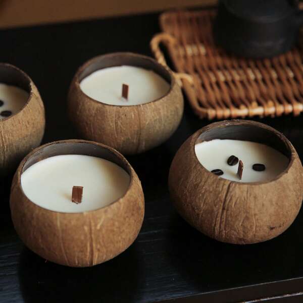 Restaurantware-Coco Casa 3.9 X 2.8 Inch Coconut Shell Candle, 1 Hand Poured Coconut Bowl Candle - Pineapple Papaya Fragrance, Double Wax Blend, Soy Wax Scented Candle, Wooden Wick