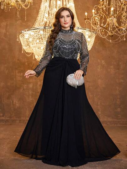  UNITHORSE 大码女士优雅立领长袖串珠亮片网纱雪纺长款晚礼服婚纱黑色