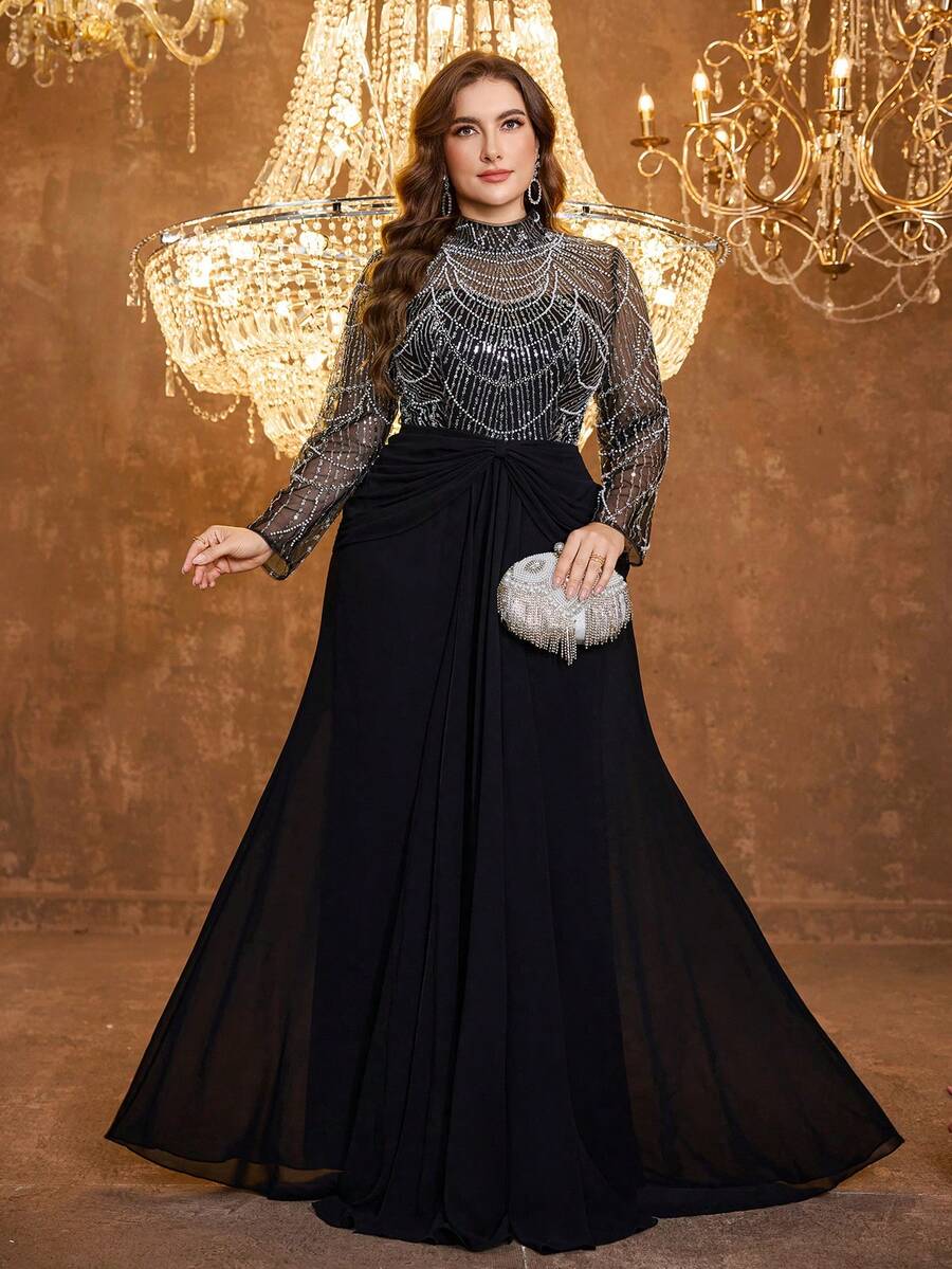 UNITHORSE Đầm dạ hội maxi dài tay cổ đứng thanh lịch dành cho nữ cỡ lớn, chất liệu chiffon lưới, đính hạt và sequin, màu đen, thích hợp cho đám cưới, tiệc mùa xuân. - màu đen - Xem 1