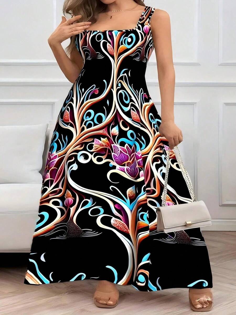 Plus Size - Women'S Plus Size Spring/Summer Floral Print Suspender Dress - Elegant And Comfortable Sleeveless Mid-Long Dress - màu đen - Xem 1