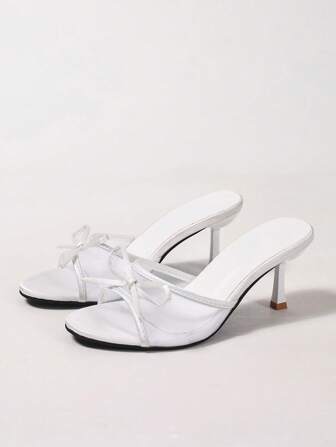 Women's Mesh Fabric Breathable Open Toe High Heel Sandals, Versatile Minimalist Design, Bowknot Slim Stiletto Slide Mules, Summer New Arrival