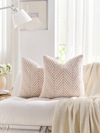 1 件粉色和白色波西米亚几何毛绒装饰枕套（不含枕芯），反面为羊毛面料，方形靠垫套，假日家居枕头装饰，柔软舒适的毛绒材质，现代沙发、家居和卧室装饰