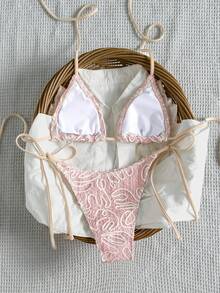 Bikinx 女士不对称条纹系带比基尼套装，时尚夏季度假沙滩粉色 - 粉色 - 查看 3