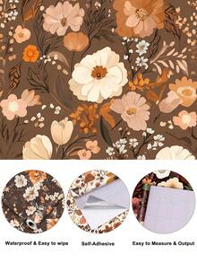 1卷 1米/3米/5米 复古棕色花朵叶子乡村风格墙面装饰墙纸可剥离自粘式接触纸乙烯基壁纸 DIY 家居装饰房间背景卧室厨房客厅浴室柜桌椅家具翻新覆盖纸