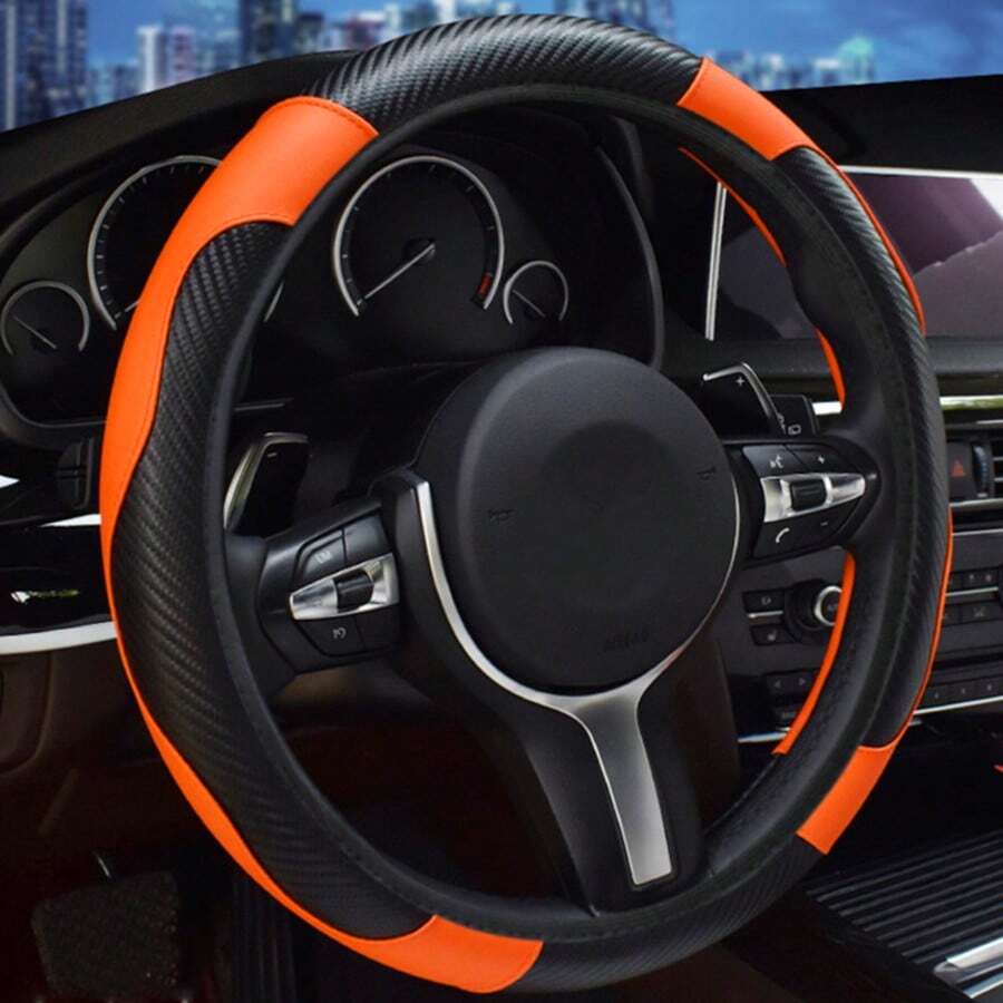 1pc/ 2pcs Durable Carbon Fiber Steering Wheel Cover - Anti-Slip, Slip-Resistant Design, Premium Faux Leather, Universal - Stylish Car Interior Accessory For Women And Men - 橘色 - 查看 1