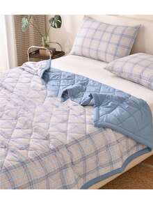 1件套绗缝夏被，超声波压花技术，ins风，柔软舒适透气亲肤，适合客厅、卧室、沙发 - 格子藍 - 查看 3
