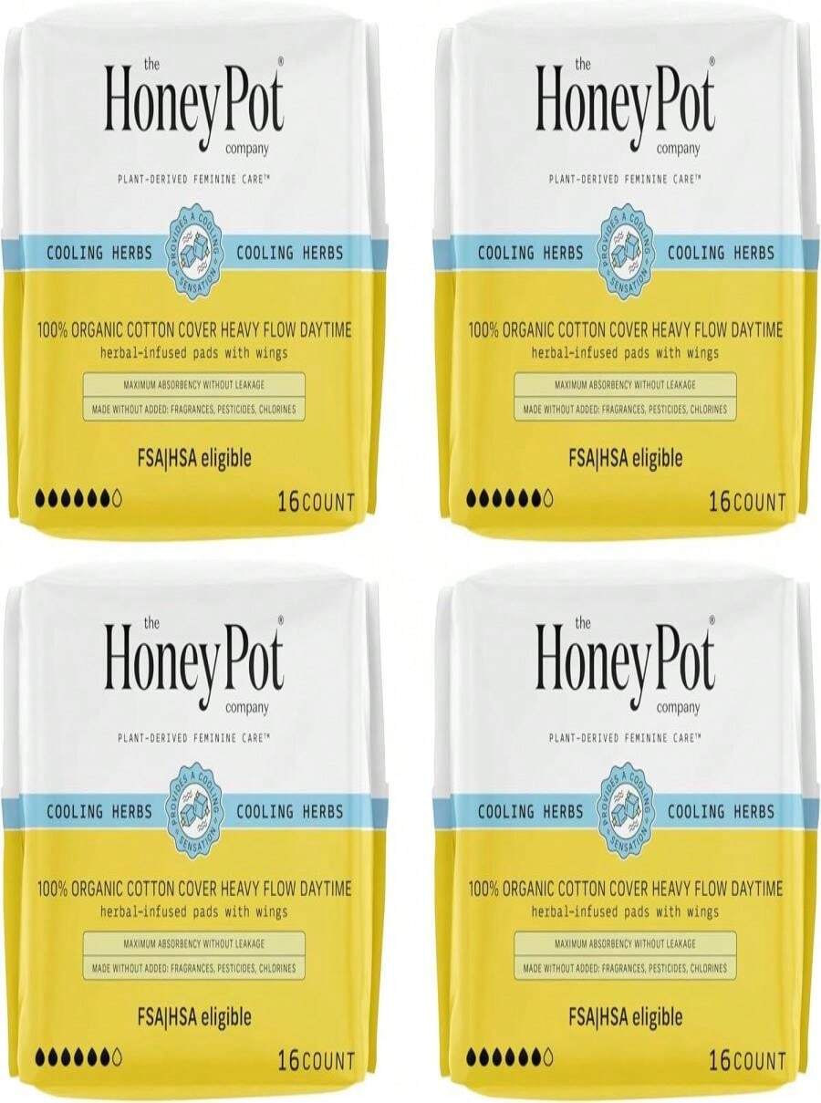 The Honey Pot Company - Herbal Postpartum Pads W_Wings - Infused W_Essential Oils For Cooling Effect, Organic Cotton Cover, &Amp; Ultra-Absorbent - 12ct - 64 Count (Pack Of 1) - View 1