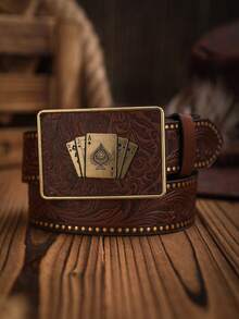 1pc Boho Western Cowboy Style Poker Embossed Metal Buckle Vintage Dark Brown PU Leather Belt Summer, School Casual, Business, Boyfriend Husband Father Dad Men Gift, Daily Wear, Fashion, Teen, Outdoor, Vacation, Athletic, Travel, Street, Boho, Vintage Fall, Autumn, Halloween Autumn-Winter Accessories,Suitable For Teens, Youth,Men,Casual, Outdoor, Athletic, Vacation, Graduation Gifts, Birthday, Daily Wear - As Shown - View 15