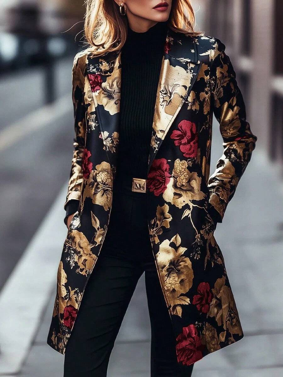 Long-Sleeved Floral Pattern Single-Breasted Suit Jacket - Màu Đỏ Sâu - Xem 1