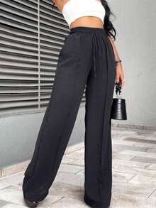 Duna Women's Wide Leg Pants Elastic Waist With Pocket High Waist Simple Casual Elegant Party Drawstring Split Pocket Daily Trousers - màu đen - Xem 6
