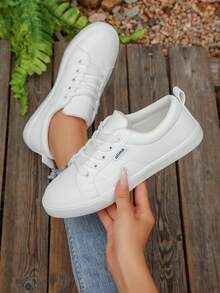 1 Pair New Flat Lace Up Slip On Casual Small White Shoes, Comfortable & Versatile Student Sneakers, Skateboard Shoes, Sizes 35-43 - White - View 1