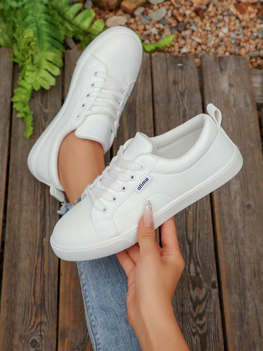 1 Pair New Flat Lace Up Slip On Casual Small White Shoes, Comfortable & Versatile Student Sneakers, Skateboard Shoes, Sizes 35-43 - White - View 1