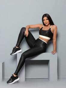 Premium Suplex Fitness Set With Pants And Non-Transparent Cup Top, Fitness Gym Clothing Kit, High Compression Leggings - 黑色 - 查看 1