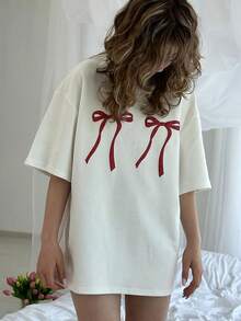 Camiseta para mujer con corte Oversize 100% algodón con cuello redondo y manga corta con diseño cute de moños Playera cómoda y suave - Blanco - Ver 5