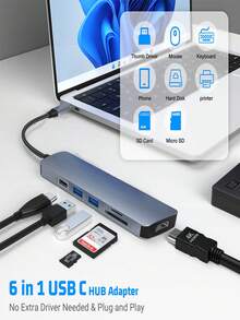 YAIUZGOO 六合一 USB-C 集线器，Type-C 3.1 转 4K 适配器，带 SD/TF 卡读卡器、PD 快充 2.0/3.0 数据传输端口和 USB 端口，小巧便携，适合商务旅行，兼容笔记本电脑、台式机、安卓手机和平板电脑。 - 銀灰色 - 查看 4