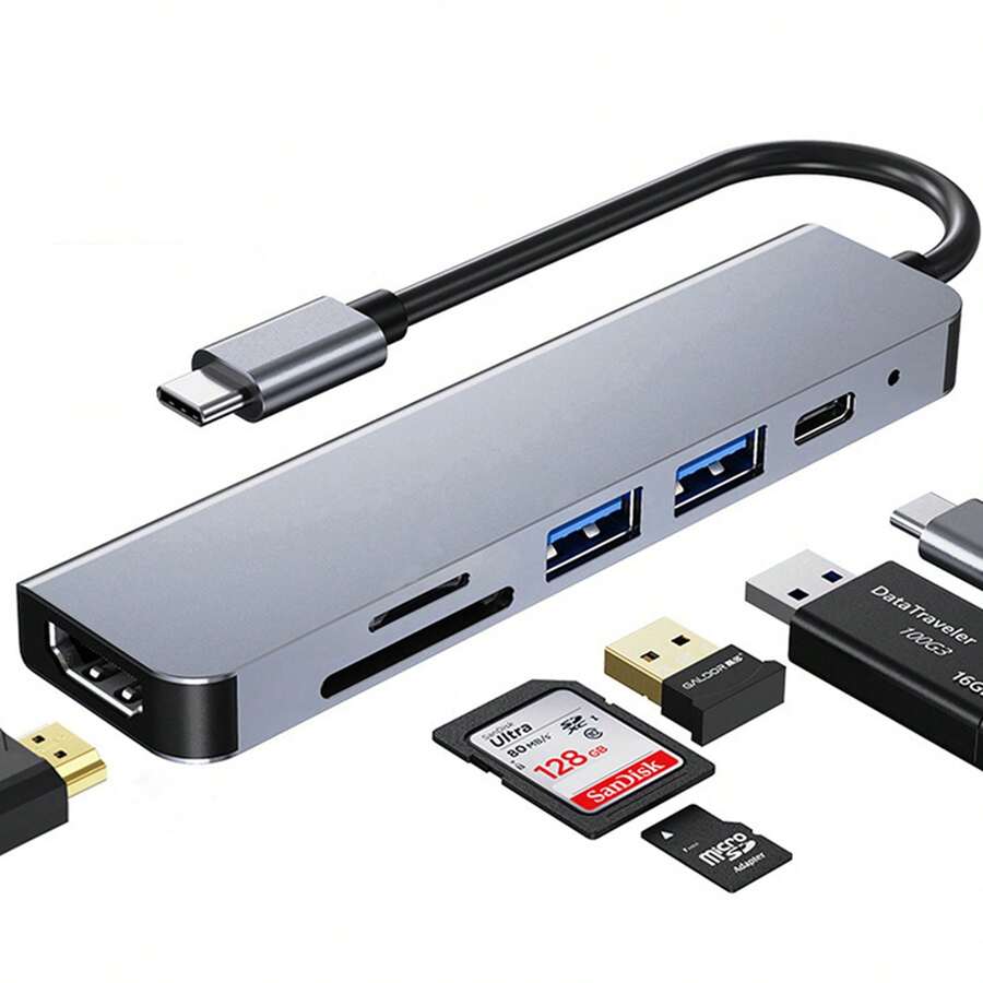 YAIUZGOO 六合一 USB-C 集线器，Type-C 3.1 转 4K 适配器，带 SD/TF 卡读卡器、PD 快充 2.0/3.0 数据传输端口和 USB 端口，小巧便携，适合商务旅行，兼容笔记本电脑、台式机、安卓手机和平板电脑。