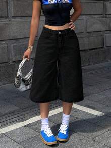 Women's Y2K Loose Fit Wide Leg Seven-Point Denim Jeans Pants With Butterfly Embroidery Pockets - Black - View 3