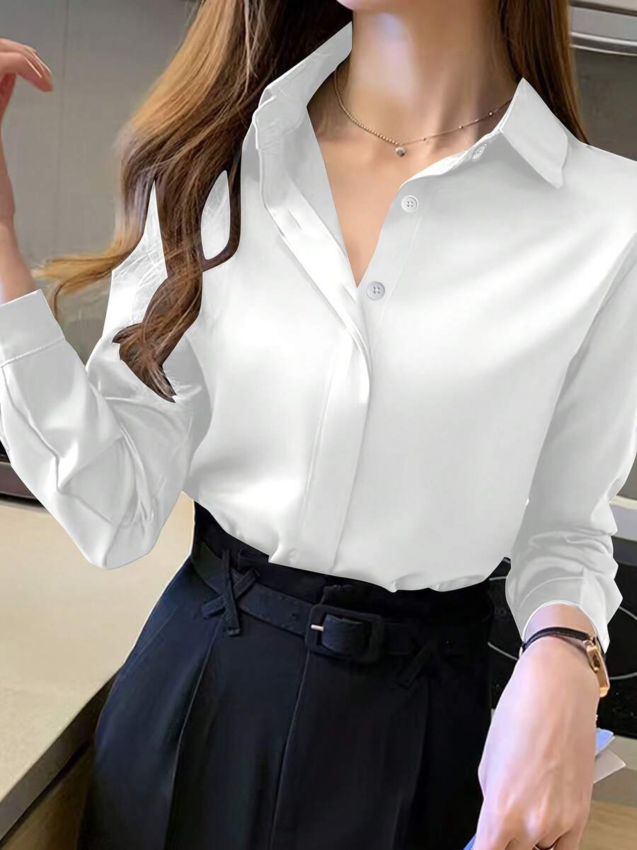 Áo sơ mi nữ dài tay màu đen thanh lịch, chất liệu polyester hơi xuyên thấu, có chi tiết cúc cài, lý tưởng cho mùa xuân/hè/thu. - trắng - Xem 1