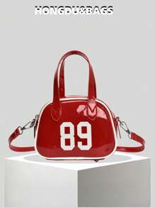 时尚新款女士手提保龄球包，简约别致的数字印花纯色 PU 涂层，带有金属装饰，底部铆钉装饰，双拉链开口，轻巧宽敞，适合旅行、购物、约会