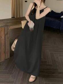 新款法式浪漫风细肩带连衣裙，宽松修身长裙，优雅简约休闲连衣裙 - 黑色 - 查看 3