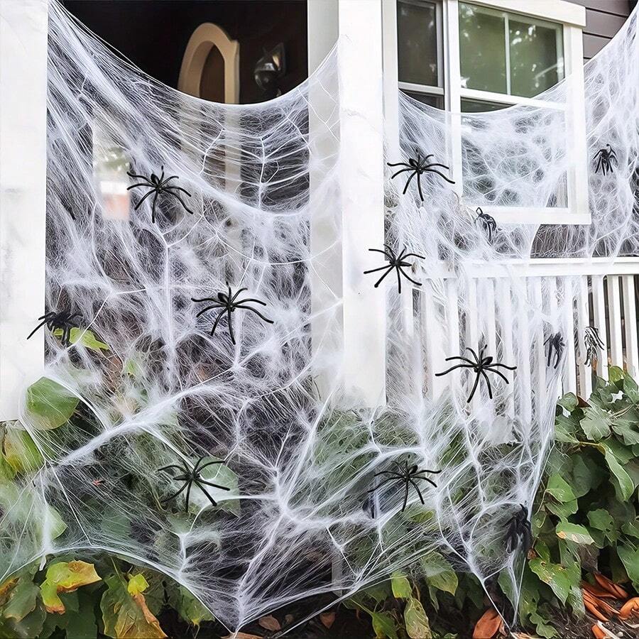 1 Set Of Soft Spider Web Halloween Decoration, Including Fake Spiders, Super Stretchable Spider Web, Suitable For Indoor And Outdoor Halloween Party Supplies - الأسود - مشاهدة 1
