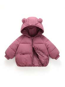 Young Girl Casual Solid Color Hooded Padded Coat, Suitable For Winter