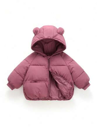 Young Girl Casual Solid Color Hooded Padded Coat, Suitable For Winter