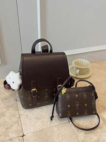 女士 PU 皮革兔子印花翻盖背包 + 单肩包套装（含毛绒钥匙扣），时尚实用的通勤包