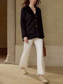 Chamarra abrigo afelpado borrega largo gorro integrado maga larga dos bolsas cierre botones interior forro calientito suave día noche fiesta otoño invierno vacaciones frío cómodo casual básico - Negro - Ver 3