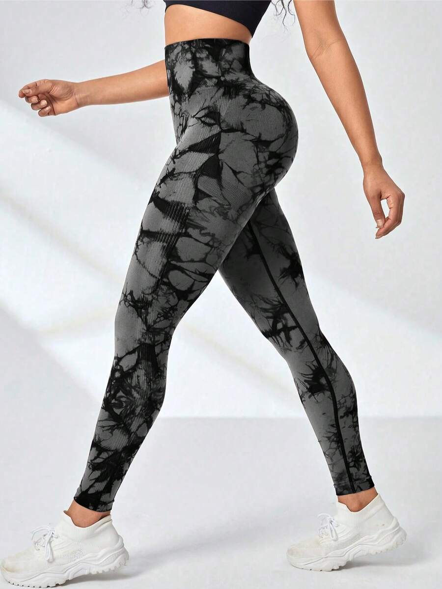 1 Pack Tie Dye High Waist Workout Leggings Set For Women, Gym Pants, Yoga, Scrunch Butt, Butt Lifting Seamless Leggings - 灰色 - 查看 1