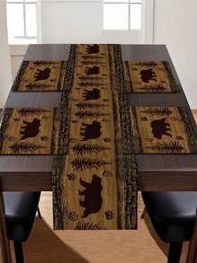 1pc Bear Pattern Printed Table Runner, 4/6/8pcs Matching Bear Printed Placemats, Suitable For Festivals, Parties, Birthdays, Dinners, Kitchen & Dining Room Table Decor, All Seasons Home Decoration