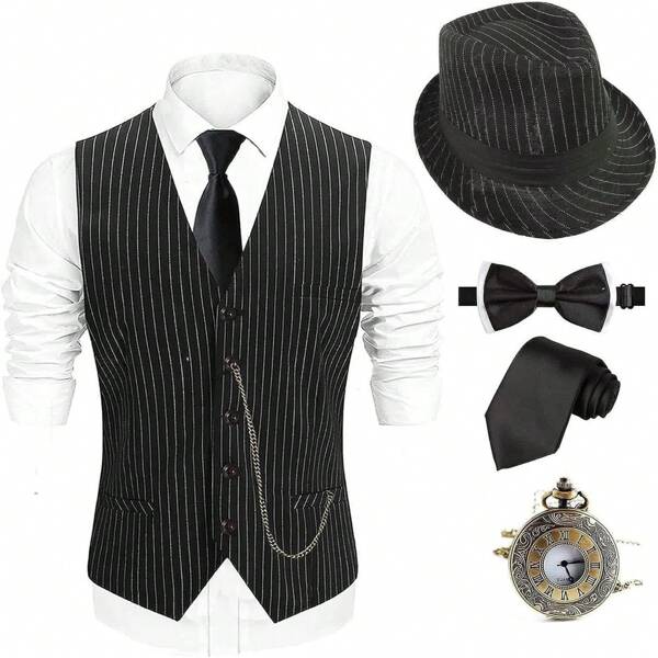 1920s Mens Costume Fedora Hat,Gatsby Gangster Vest,Vintage Pocket Watch,Pre Tied Bow Tie,Tie