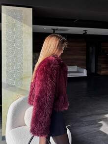 Women's New Solid Color Faux Fur Patchwork Evening Date Elegant Faux Fur Jacket - Burgundy - View 10