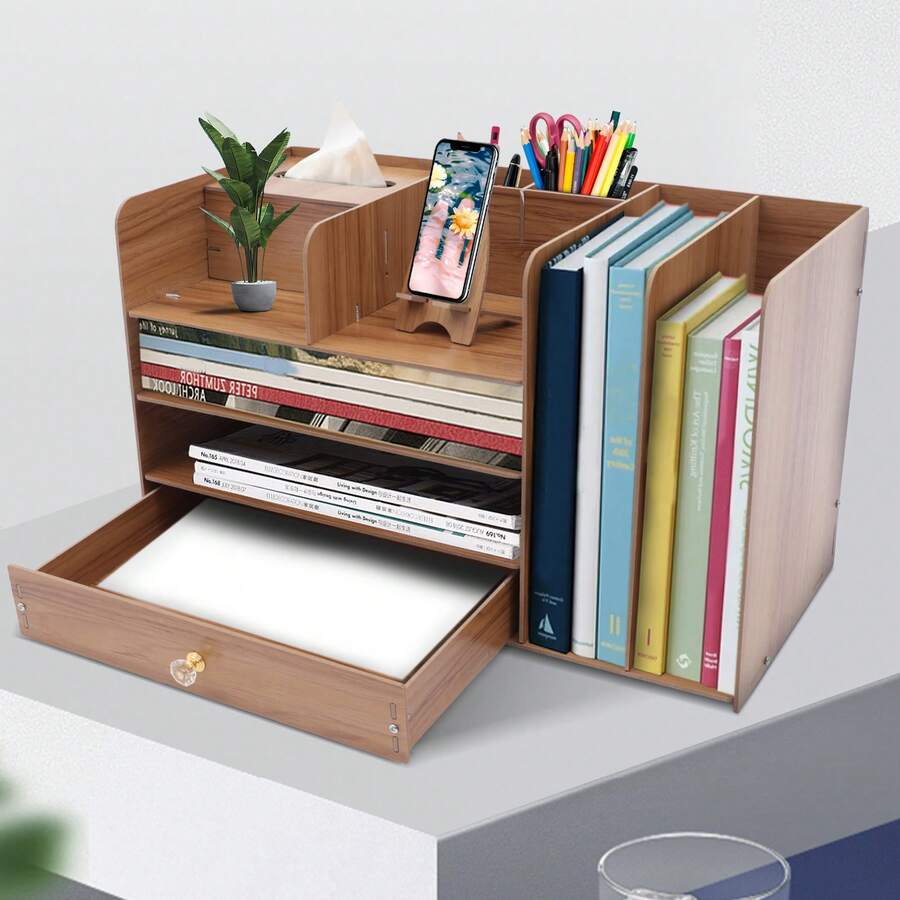 Wooden Desk Organizer 4-Tier - Load Capacity 4kg With Rabbit Phone Holder & Drawer - Cherry Wood Top (48x23x28cm) - 咖啡棕 - 查看 1