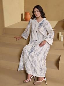 Solessence 刺绣优雅长袍，V领七分袖，时尚阿巴雅，2026年沙特国庆节最新款，白色 - 白色 - 查看 12