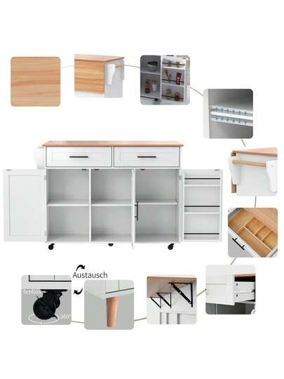 Kitchen Isl Sideboard Marble Effect Worktop, Extendable Tabletop Storage Space, Serving Trolley Wheels Drawers, Ideal Dining Room view 7