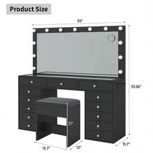 FUSOU 13 Drawers Vanity Desk, Makeup Vanity With Power Outlet, Vanity Table With Mirror And 13 LED Bulbs, 3 Color Lighting Modes, Glass Top, Dressing Table For Bedroom - 查看 8