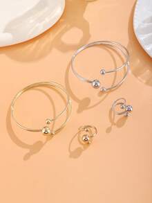 2pcs Bohemian Style Bracelet & Ring Set - Vintage Minimalist Round Bead Open Design Layered Bangle And Ring, Elegant Accessories For Beach Party, Holiday Gift - Multicolor - View 3