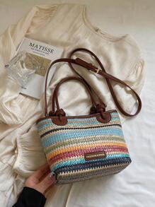 Nuova borsa a tracolla bohémien alla moda, intrecciata e colorata, decorata con etichette con lettere e tracolle indipendenti, adatta per uso quotidiano, vacanze al mare, viaggi e utilizzabile come borsa a spalla casual o a tracolla diagonale da donna