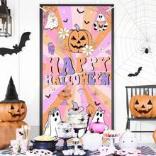 1 件粉色万圣节门装饰万圣节快乐门罩可爱鬼万圣节门横幅万圣节鬼南瓜挂横幅复古万圣节派对用品 70.8 * 35.4 英寸秋季装饰秋季装饰