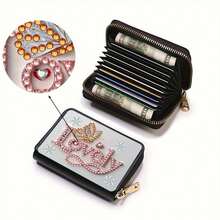 1 件可爱蝴蝶图案钻石画卡夹，DIY 钻石贴纸套件，大容量多卡槽拉链设计，节日和日常使用的完美礼物，简约 PU 皮革钱包，复古短款女士零钱包，信用卡 ID 夹，创意节日和生日礼物 - 彩色 - 查看 1