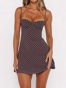 Women's Dots Print Mini Dress Sleeveless Spaghetti Strap A-Line Dress Summer Casual Dress - 棕色 - 查看 1