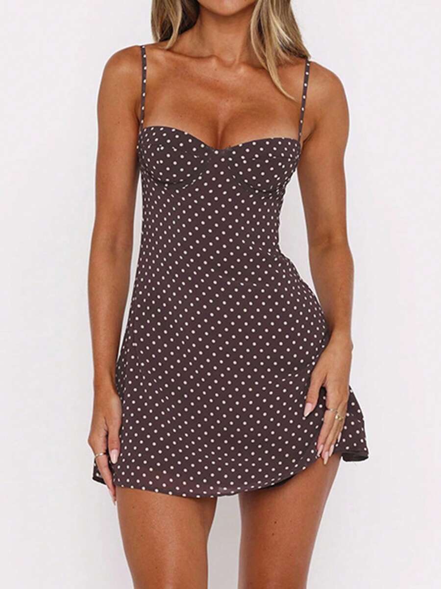 Women's Dots Print Mini Dress Sleeveless Spaghetti Strap A-Line Dress Summer Casual Dress - 棕色 - 查看 1