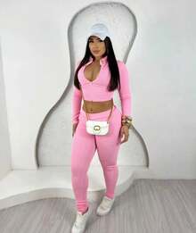 Simple Casual Party Zipper Knot Seersucker Set - Baby Pink - View 1