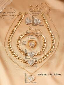 6pcs/Set Elegant Metal Gold Heart Rhinestone Pendant Necklace, Bracelet, Ring, Earrings Jewelry Set For Women, Versatile For Daily Wear & Festivals - Yellow Gold - View 4